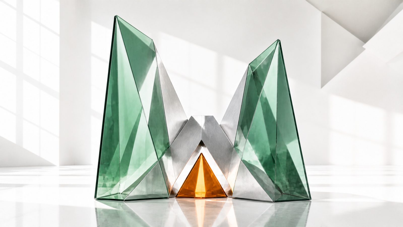 Abstract green glass and metal partnership sculpture